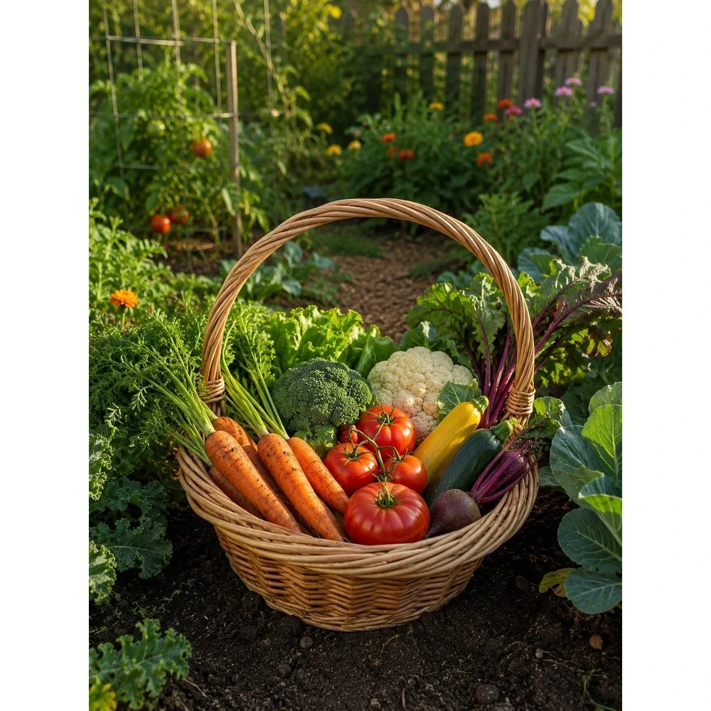Natural Wicker Round Harvest Basket Handle Rustic Farmhouse Handwoven Vintage